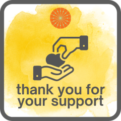 Button with the words 'Thank you for your support' and a drawing of two hands exchanging a heart