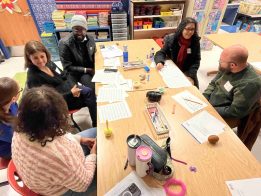 A group of people sitting around a table surrounded by art materials